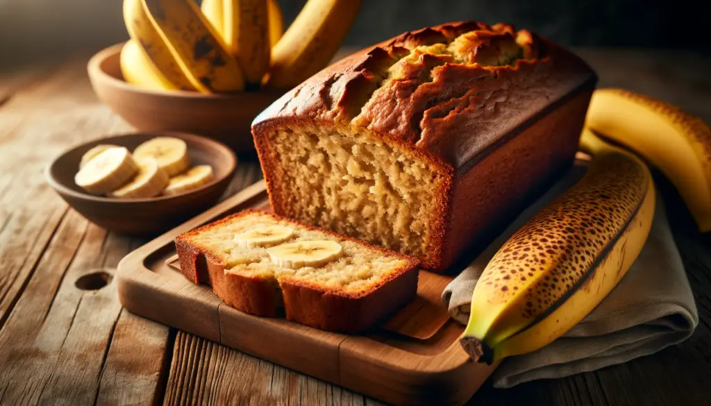 a freshly baked loaf of banana bread on a wooden cutting board, with a warm, golden-brown crust and a moist, fluffy interior visible in a sliced secti