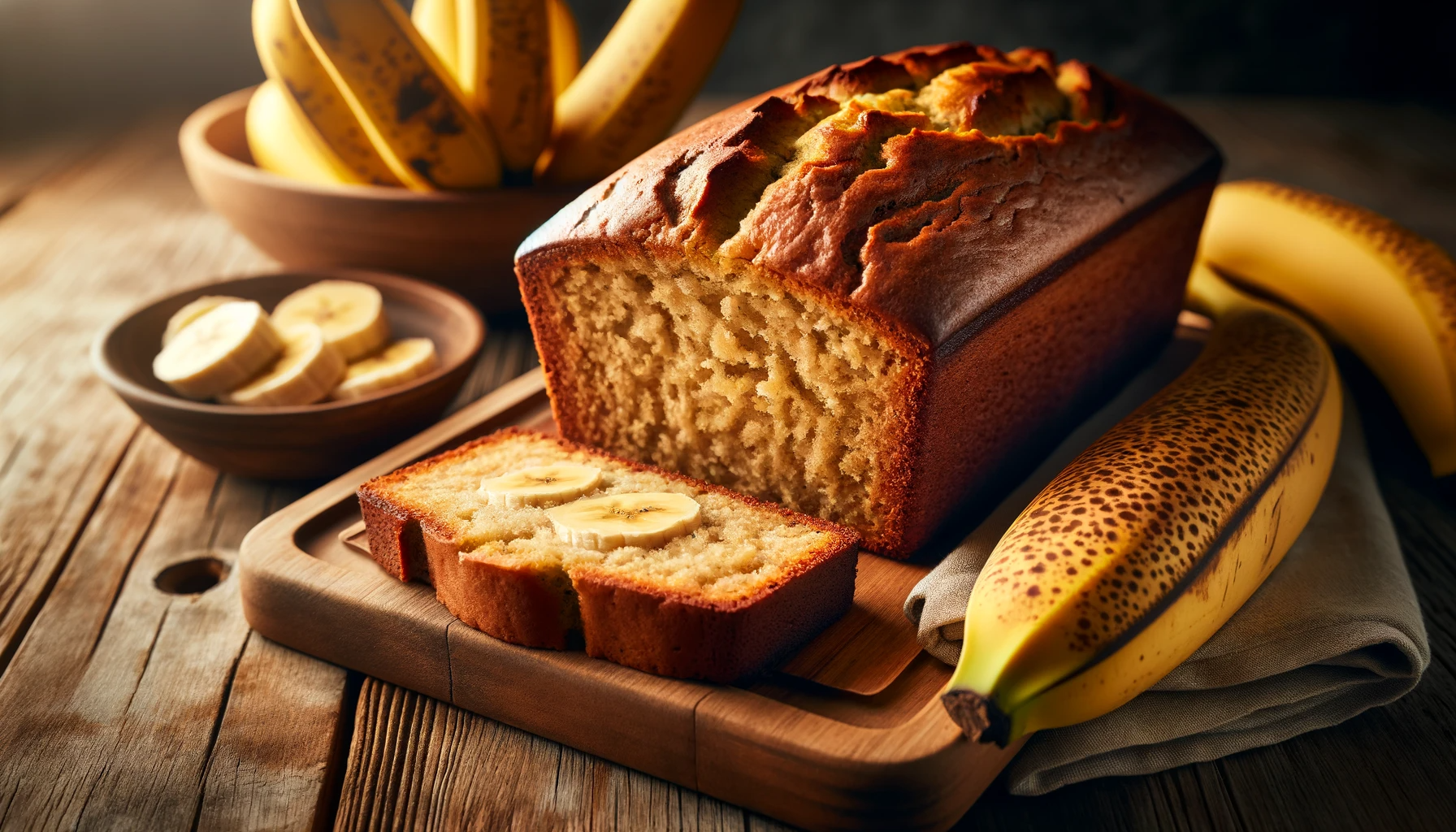 a freshly baked loaf of banana bread on a wooden cutting board, with a warm, golden-brown crust and a moist, fluffy interior visible in a sliced secti