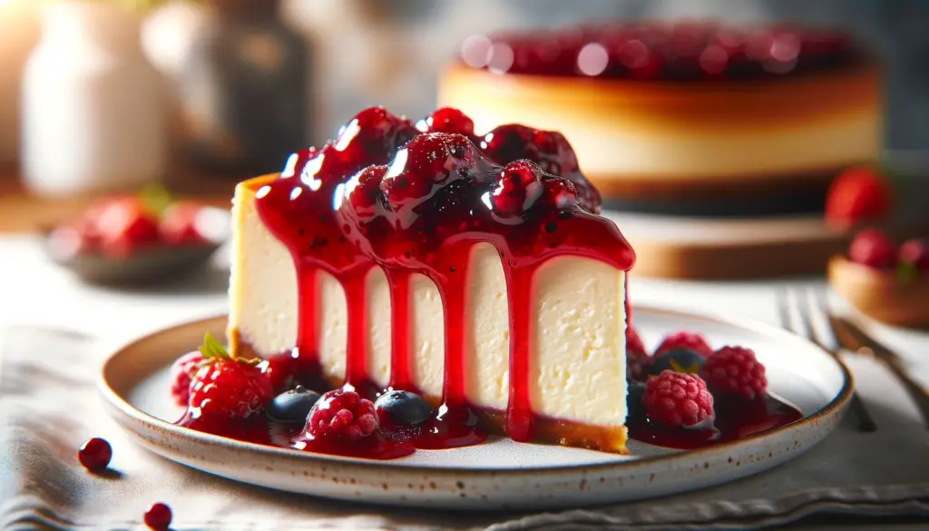 A slice of Philadelphia cheesecake on a plate, with a rich and vibrant red berry compote topping generously drizzled over, creating a luscious cascade