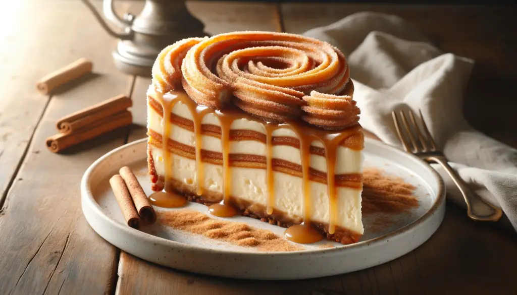 A slice of Churro Cheesecake on a round white plate, viewed from a side angle. The cheesecake has distinct layers with a dense, creamy filling and a c