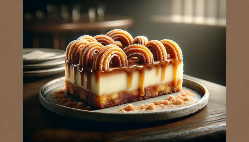 a slice of Churro Cheesecake on a ceramic plate, 