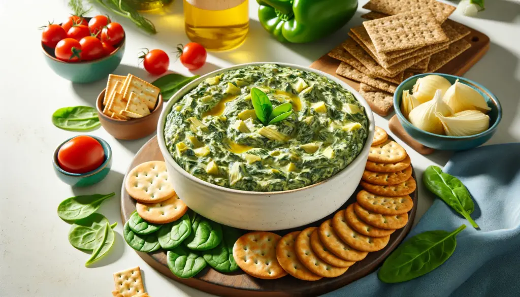 An image of Trader Joe's Spinach Artichoke Dip in a white ceramic bowl, with a perfectly golden crust. The dip is thick, showin