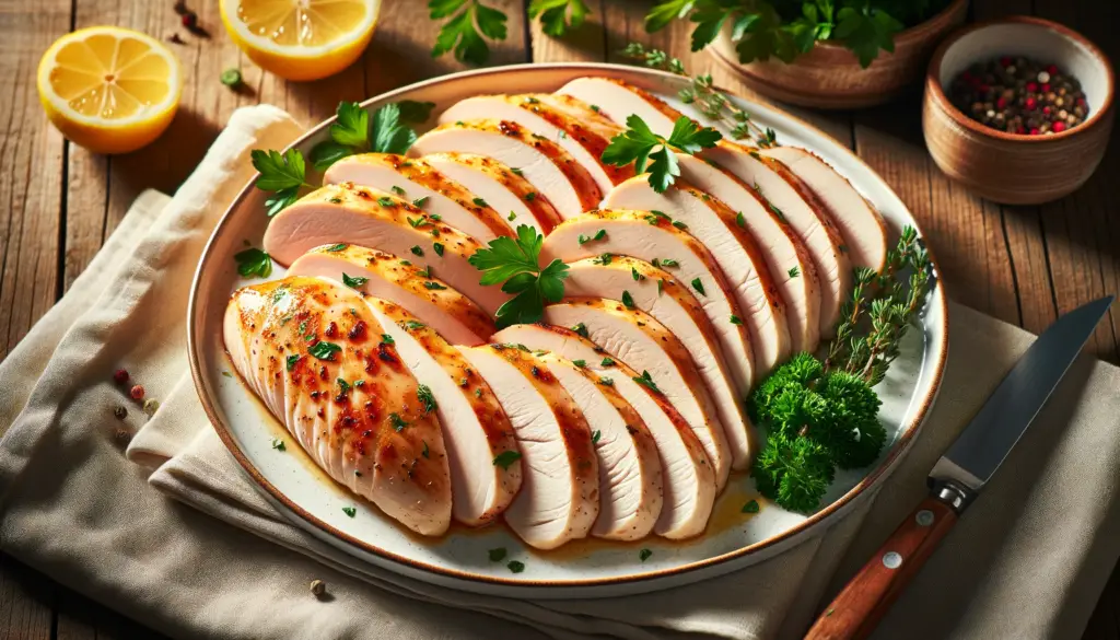 An appetizing and high-quality image of thin-sliced chicken breasts, neatly arranged and cooked to a golden brown.