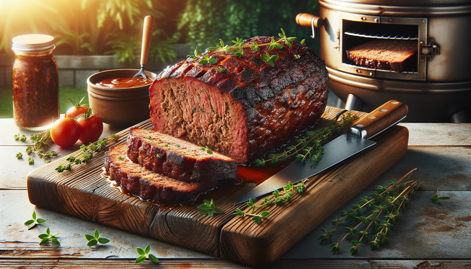 A delicious smoked meatloaf. The meatloaf is perfectly cooked with a rich, golden-brown crust and glaze