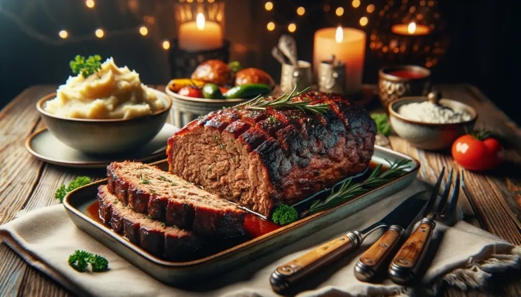 A smoked meatloaf on a dinner table. The meatloaf is sliced, revealing a moist and flavorful interior with a