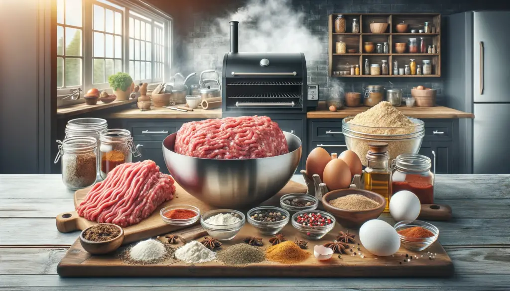 An engaging blog-size image depicting the preparation of smoked meatloaf. The scene shows a kitchen counter with the raw ingredients and tools needed