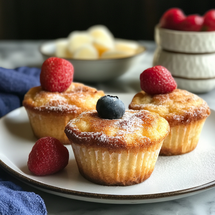 Stack of golden Cinnamon Sugar French toast muffins dusted with powdered sugar, showing their perfectly browned edges