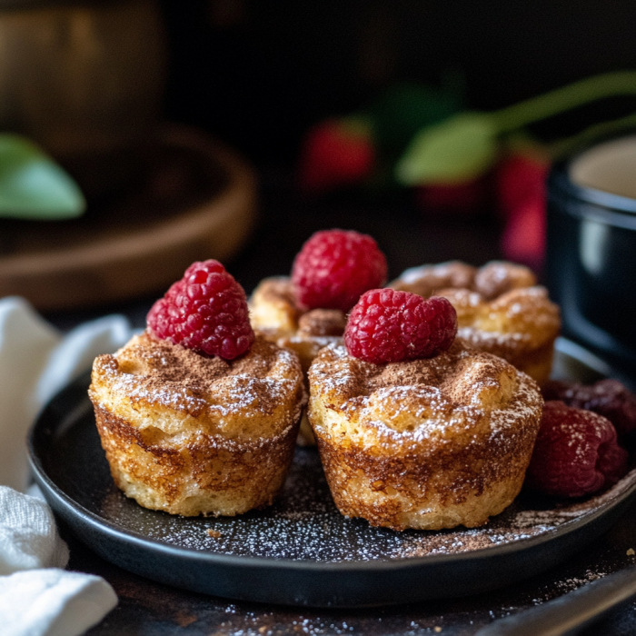 Overhead view of French toast muffins arranged on a serving platter, highlighting their glistening cinnamon sugar topping and uniform shape