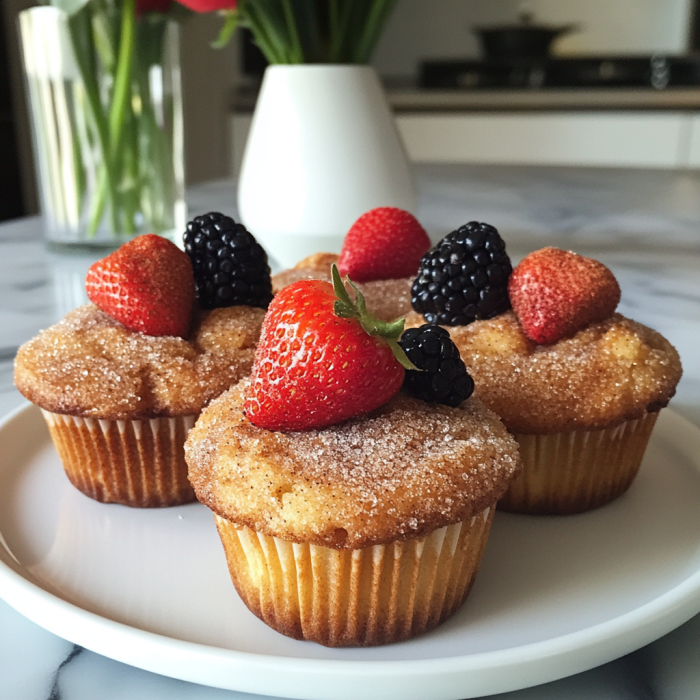 Golden brown French toast muffins topped with sparkling cinnamon sugar, showing a tender, custard-like center when split open