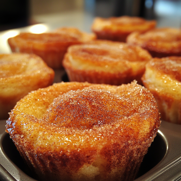 Close-up of French toast muffins with a crystallized cinnamon-sugar crust and visible brioche texture throughout