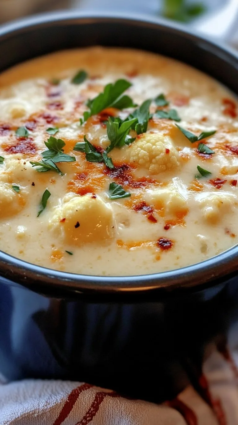 Creamy Cheddar Cauliflower & Roasted Garlic Soup Recipe