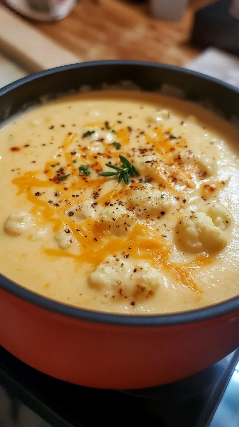 Creamy Cheddar Cauliflower & Roasted Garlic Soup Recipe