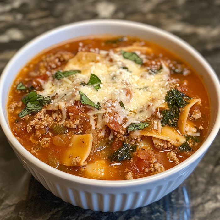 Steaming bowl of lasagna soup topped with melted mozzarella, ricotta dollop, and fresh basil leaves against a rustic wooden table