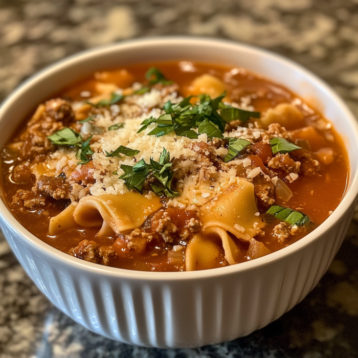 Broken lasagna noodles being added to simmering tomato-based soup with visible herbs and spices