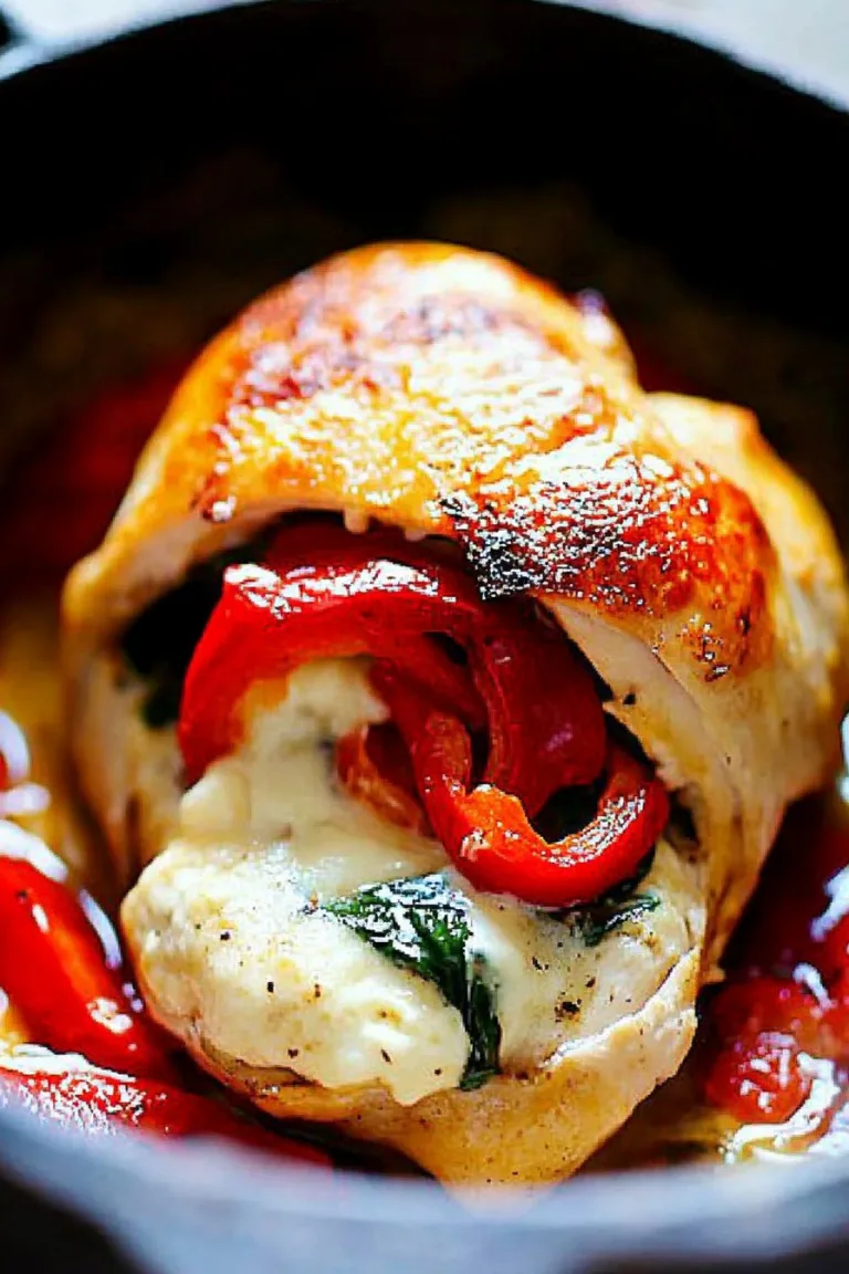 Roasted Red Pepper Spinach and Mozzarella Stuffed Chicken