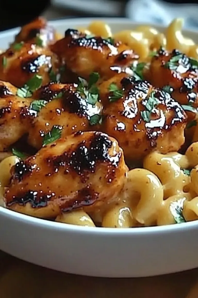 Sweet and Spicy Honey Pepper Chicken with Creamy Macaroni Cheese