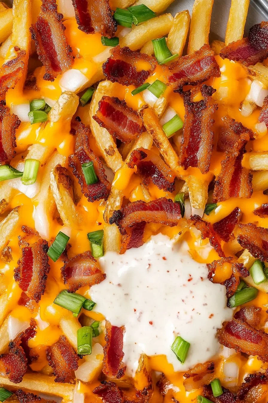 Easy Loaded Fries with Turkey Bacon Cheese and Onions