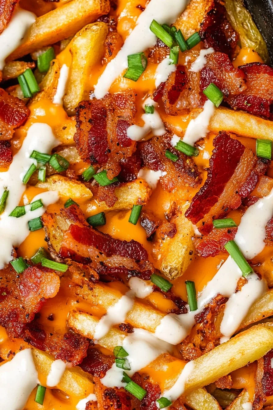 Easy Loaded Fries with Turkey Bacon Cheese and Onions