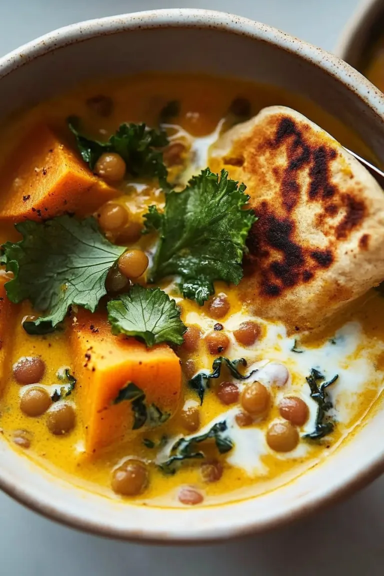 Vegan Ginger Sweet Potato Coconut Milk Stew with Lentils and Kale