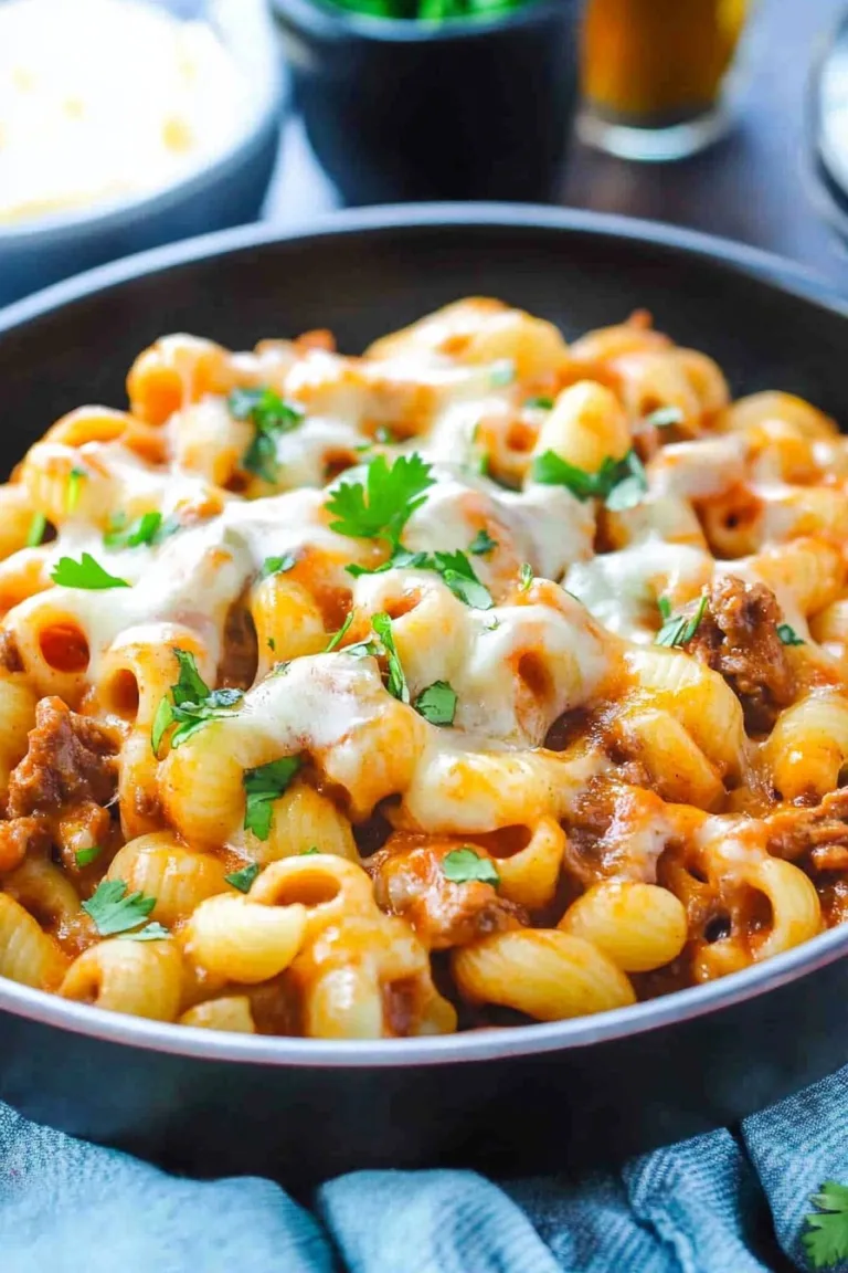 Cheesy Beef Enchilada Pasta in a skillet, topped with cilantro and melted cheese