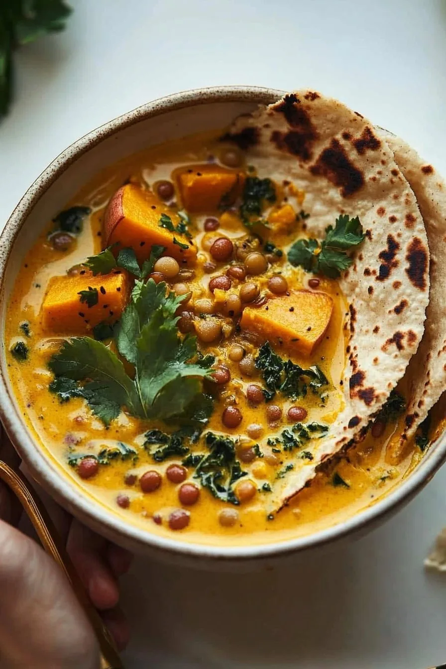 Vegan Ginger Sweet Potato Coconut Milk Stew with Lentils and Kale