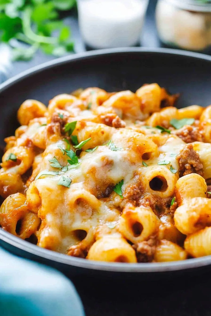 Cheesy Beef Enchilada Pasta in a skillet, topped with cilantro and melted cheese