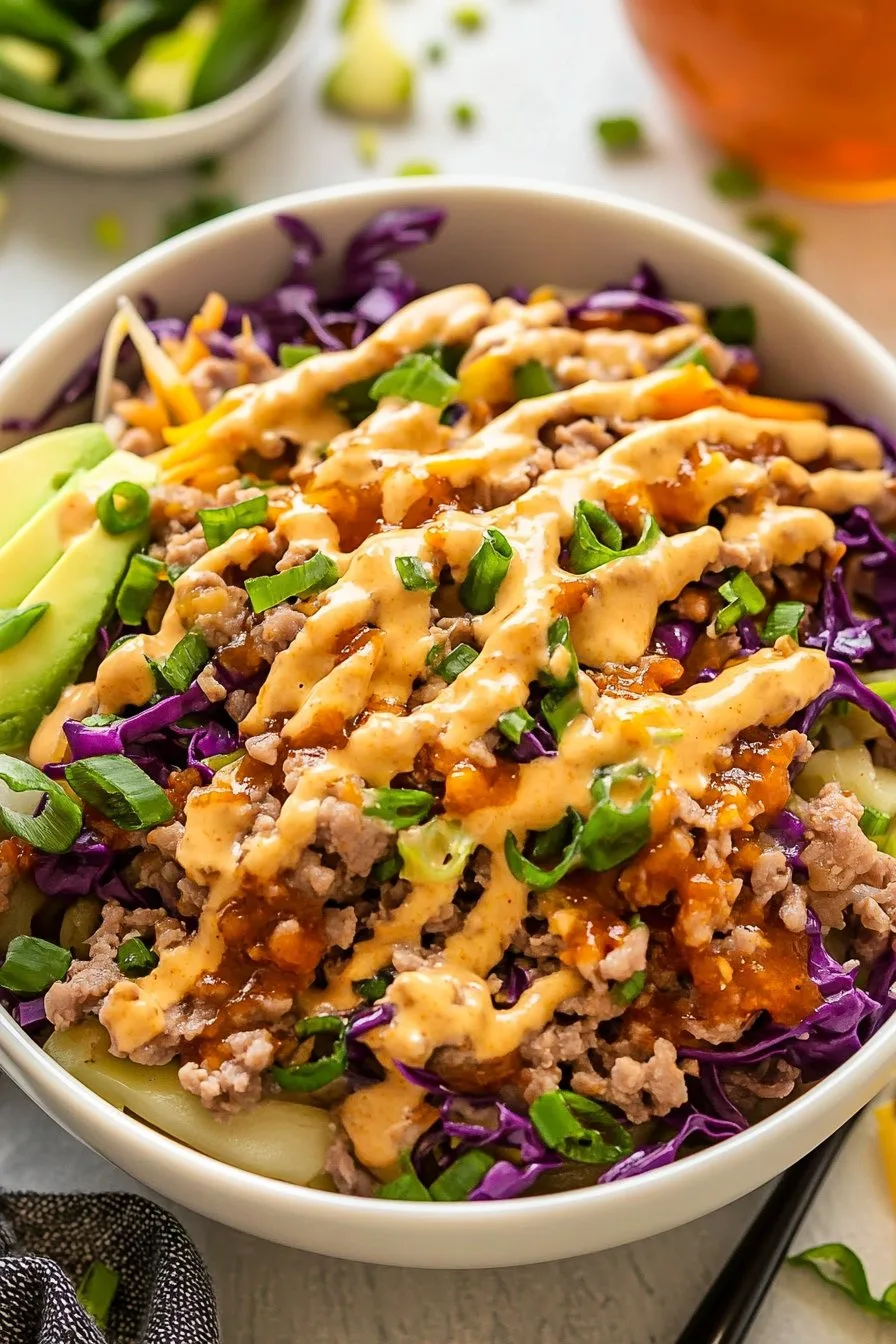 Egg Roll in a Bowl with Creamy Chili Sauce