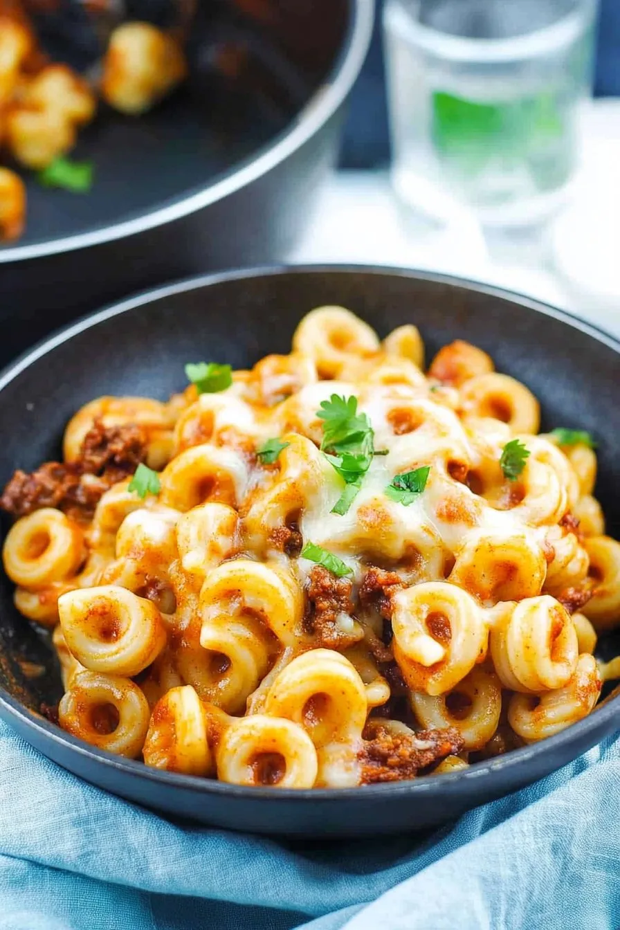 Cheesy Beef Enchilada Pasta in a skillet, topped with cilantro and melted cheese