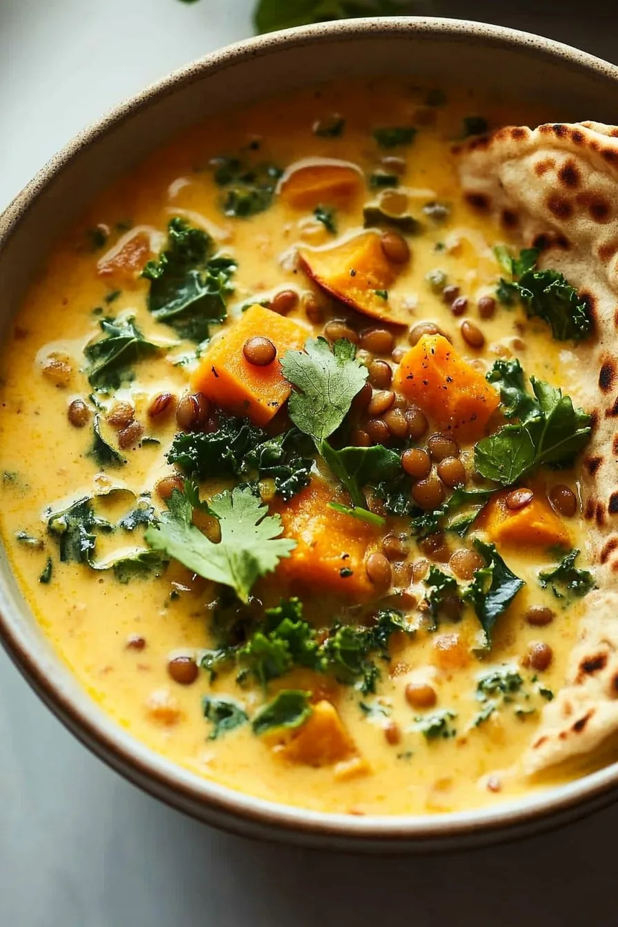 Vegan Ginger Sweet Potato Coconut Milk Stew with Lentils and Kale