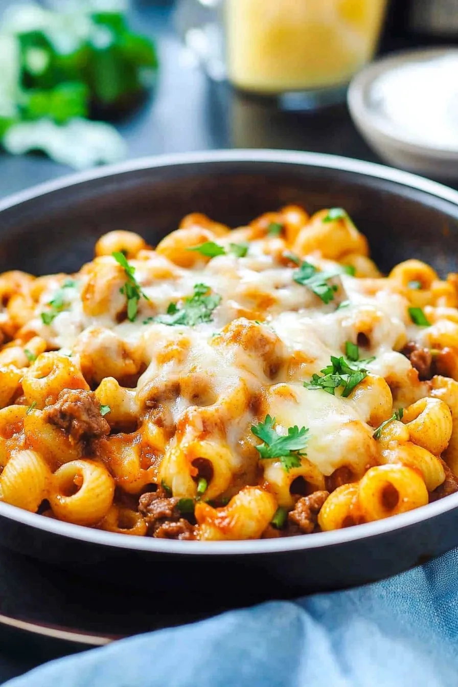 Cheesy Beef Enchilada Pasta in a skillet, topped with cilantro and melted cheese