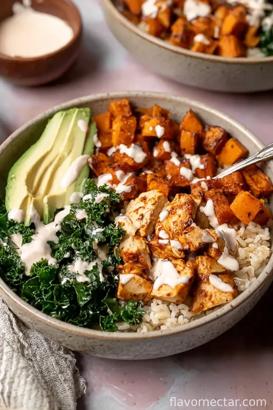 Roasted Sweet Potato, Chicken, Kale, and Rice Bowls