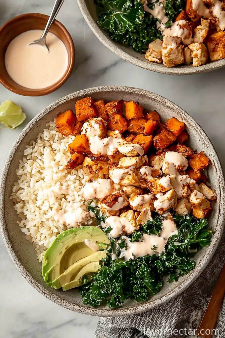 Roasted Sweet Potato, Chicken, Kale, and Rice Bowls