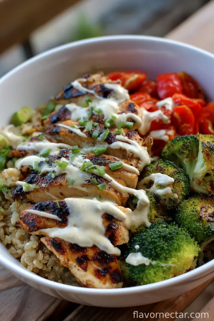 Grilled Chicken & Broccoli Bowls with Creamy Garlic Sauce