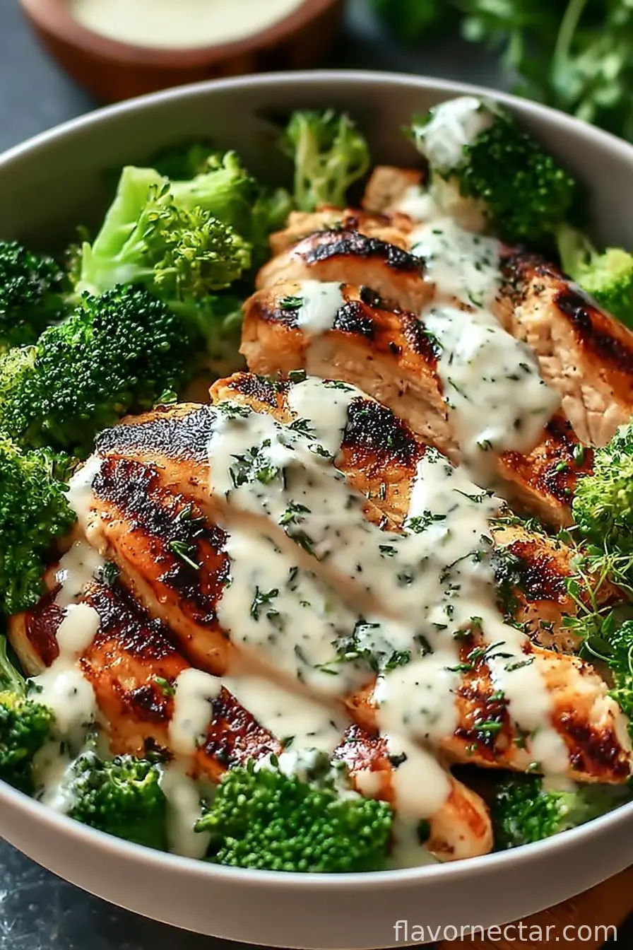 Grilled Chicken & Broccoli Bowls with Creamy Garlic Sauce