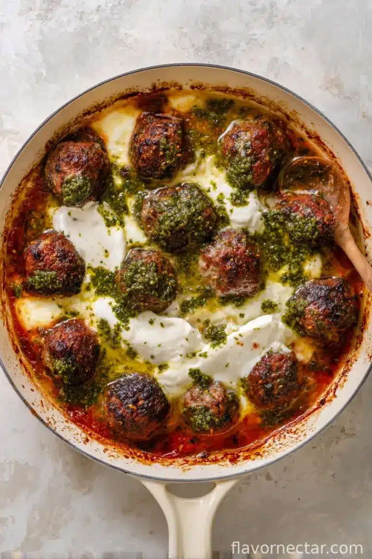 Cheesy Pesto Baked Meatballs with Burrata