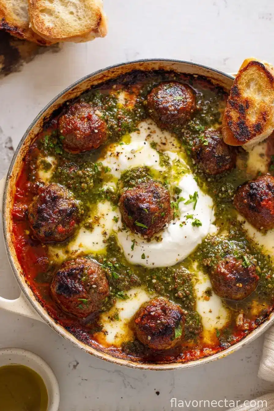 Cheesy Pesto Baked Meatballs with Burrata