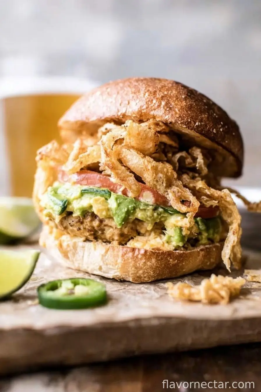Jalapeño Cheddar Guacamole Turkey Burgers with Crispy Onions