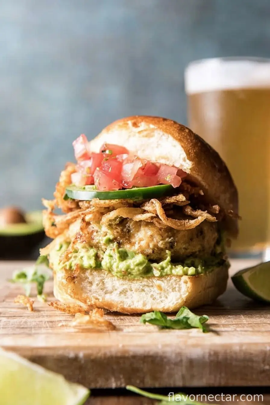 Jalapeño Cheddar Guacamole Turkey Burgers with Crispy Onions