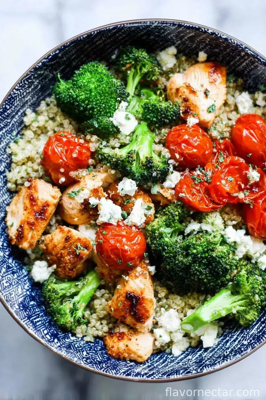 Mediterranean Chicken Quinoa Bowl with Broccoli and Tomato