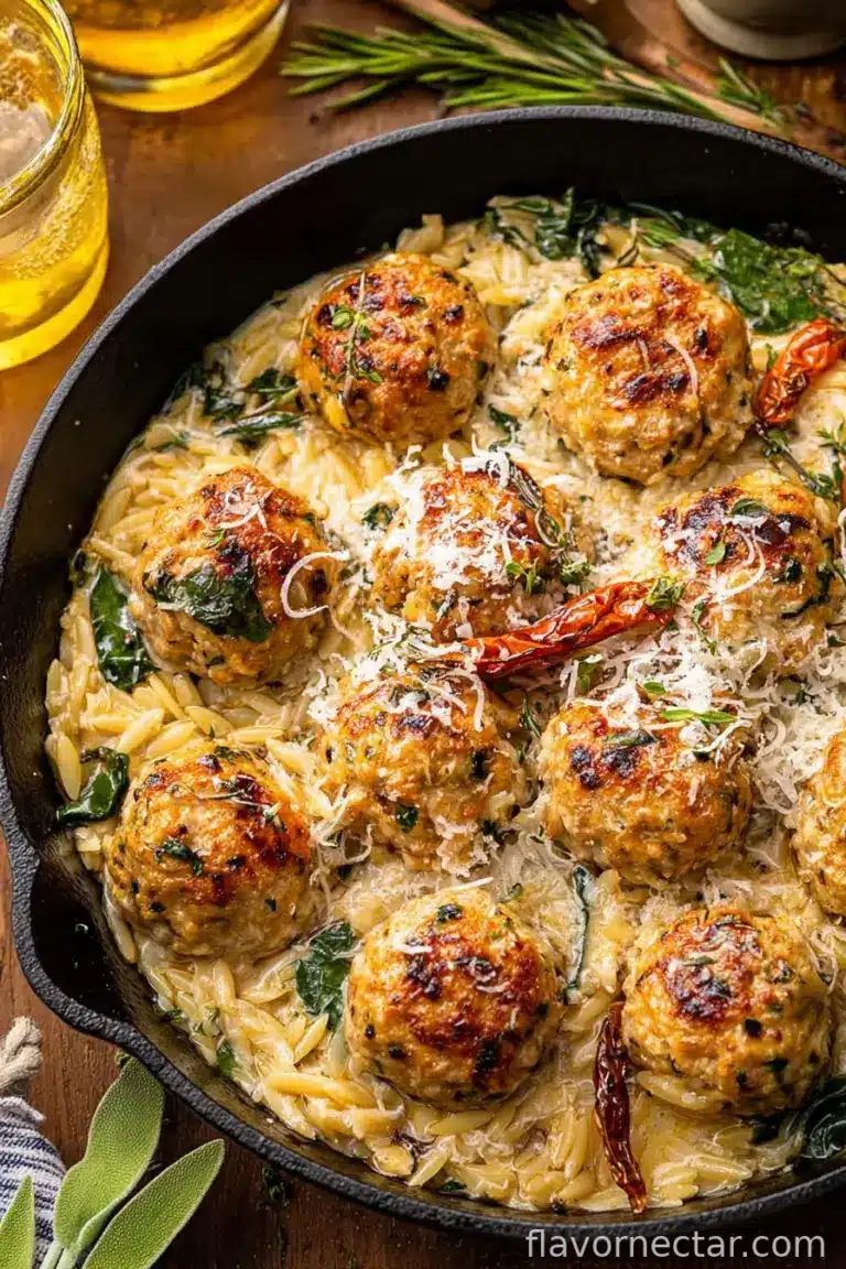 Oven-Baked Chicken Meatballs with Creamy Parmesan Spinach Orzo