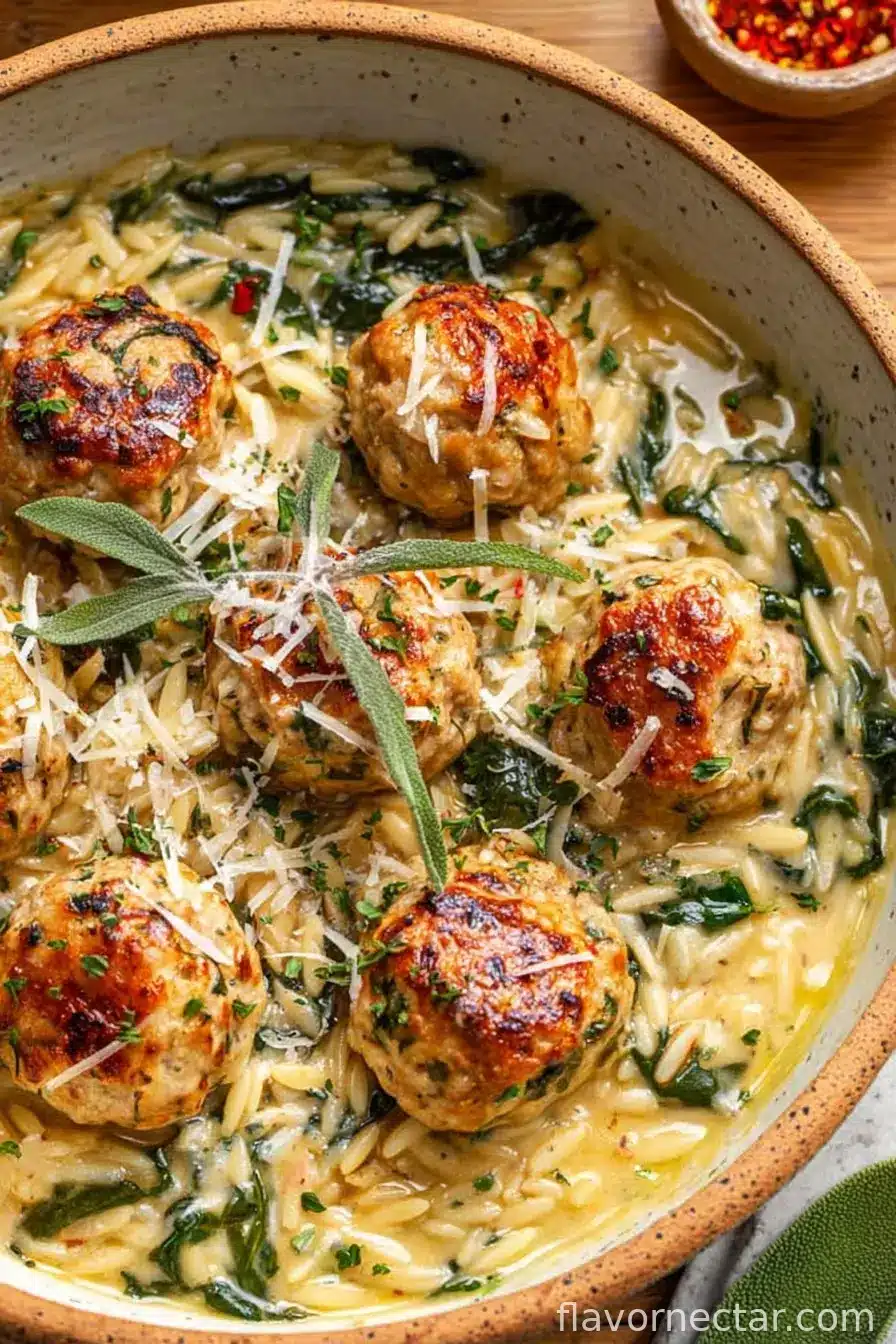 Oven-Baked Chicken Meatballs with Creamy Parmesan Spinach Orzo