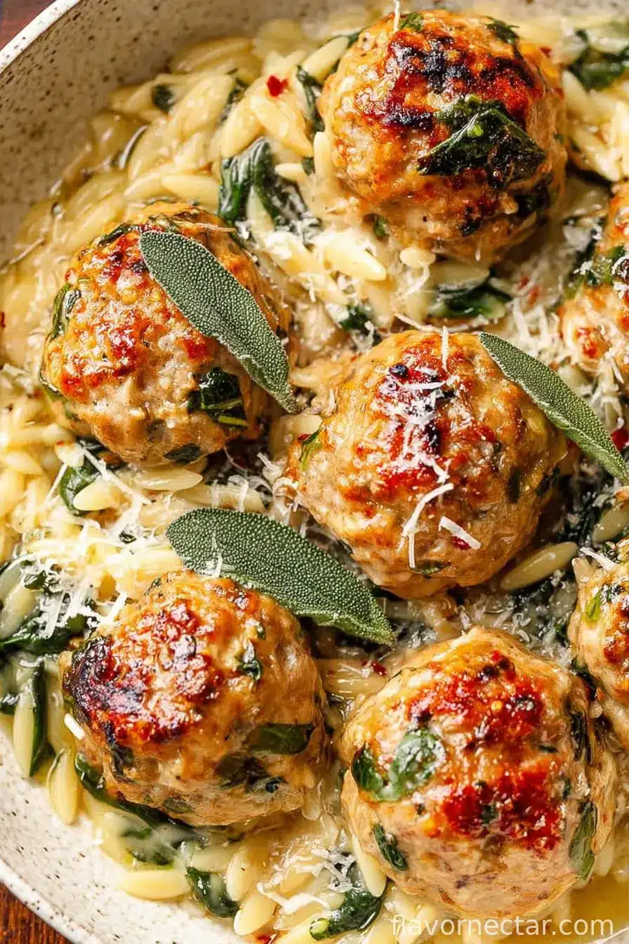 Oven-Baked Chicken Meatballs with Creamy Parmesan Spinach Orzo