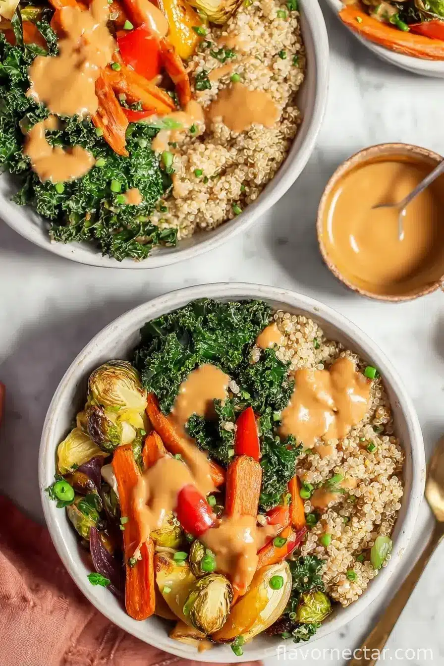 Quinoa & Roasted Vegetable Bowls with Creamy Peanut Sauce