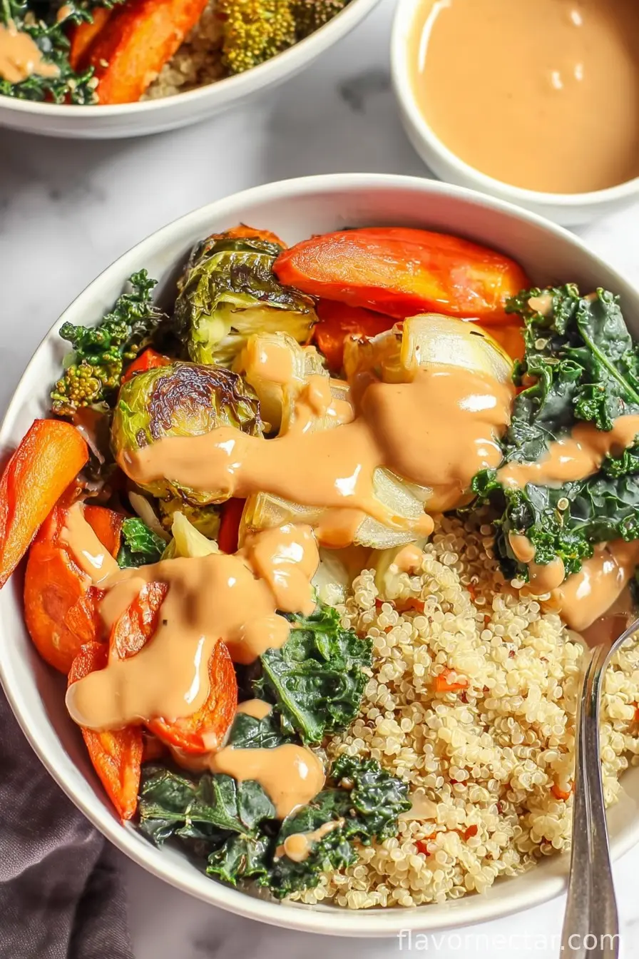 Quinoa & Roasted Vegetable Bowls with Creamy Peanut Sauce