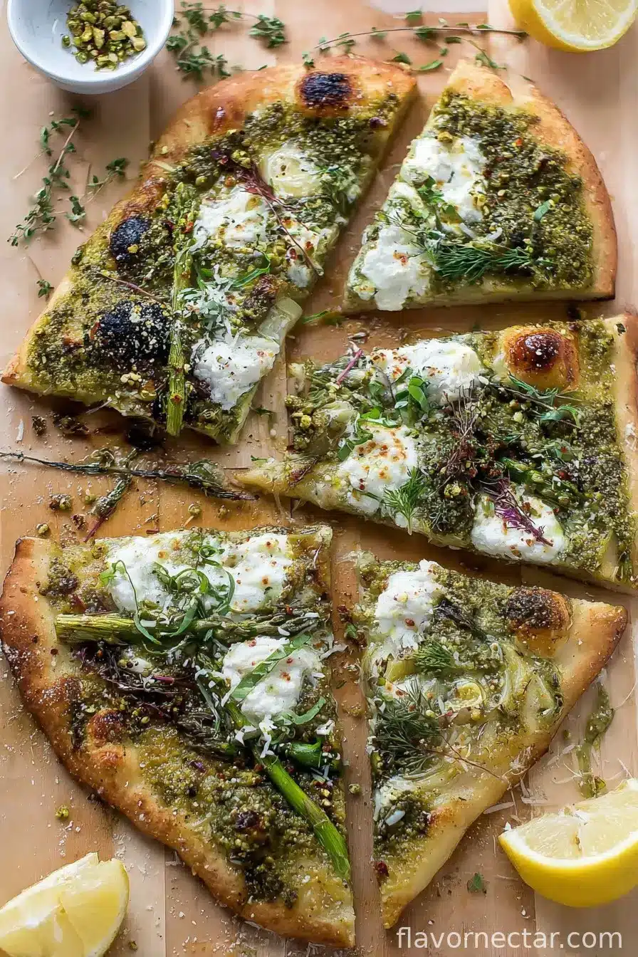 Spring Pistachio Pesto Pizza with Asparagus and Ricotta