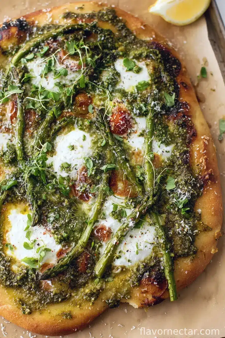 Spring Pistachio Pesto Pizza with Asparagus and Ricotta