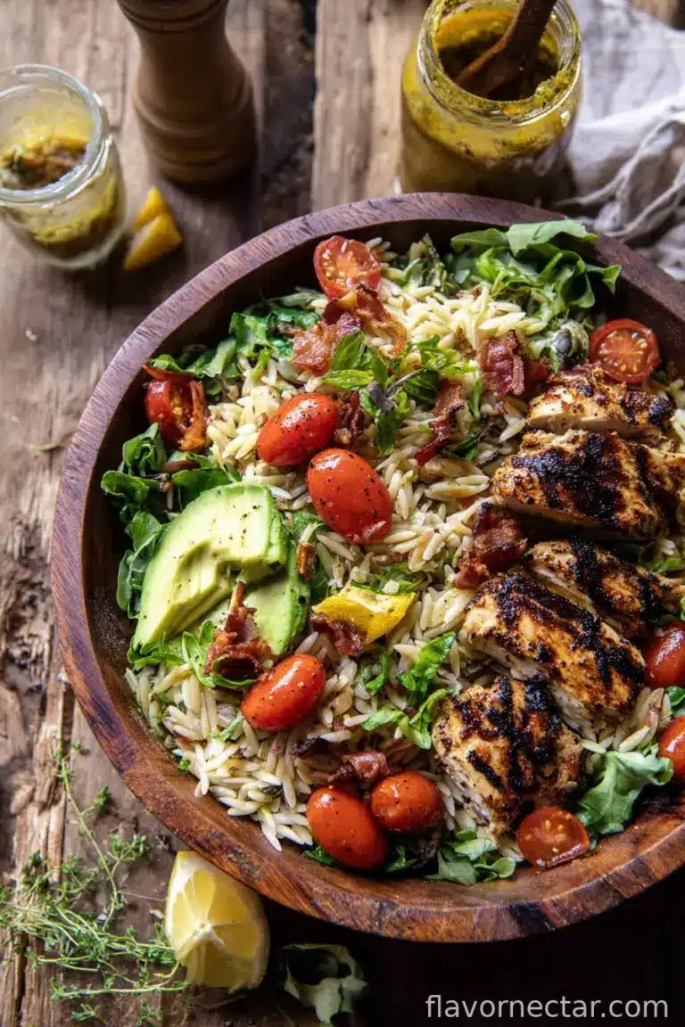 Grilled Lemon Herb Chicken Avocado Orzo Salad with Honey Mustard Bacon Dressing