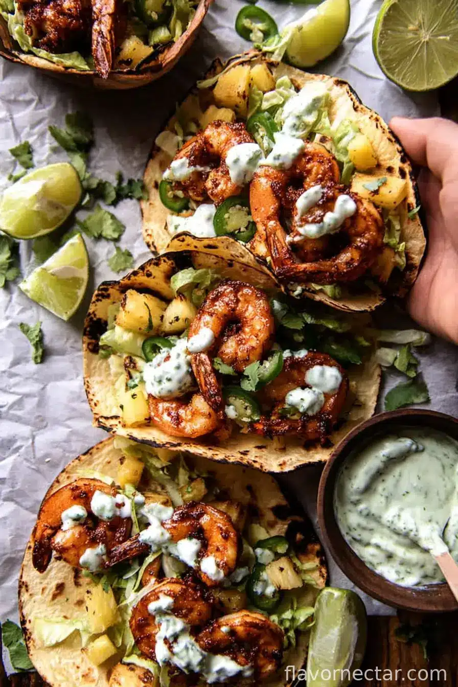 Sheet Pan Jalapeño Pineapple Shrimp Tacos with Cilantro Garlic Sauce