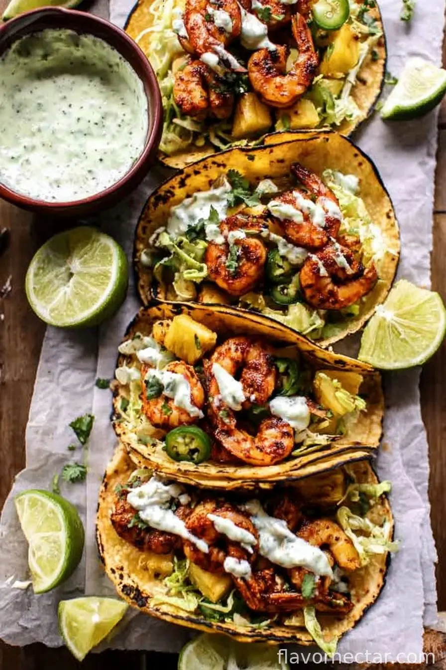 Sheet Pan Jalapeño Pineapple Shrimp Tacos with Cilantro Garlic Sauce
