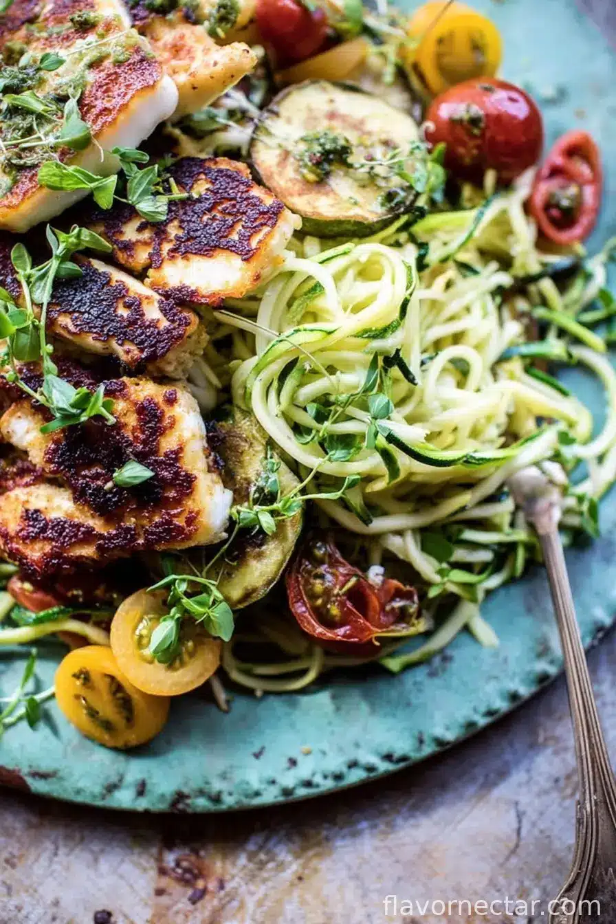 Mediterranean Chicken and Summer Squash Noodles with Fried Halloumi